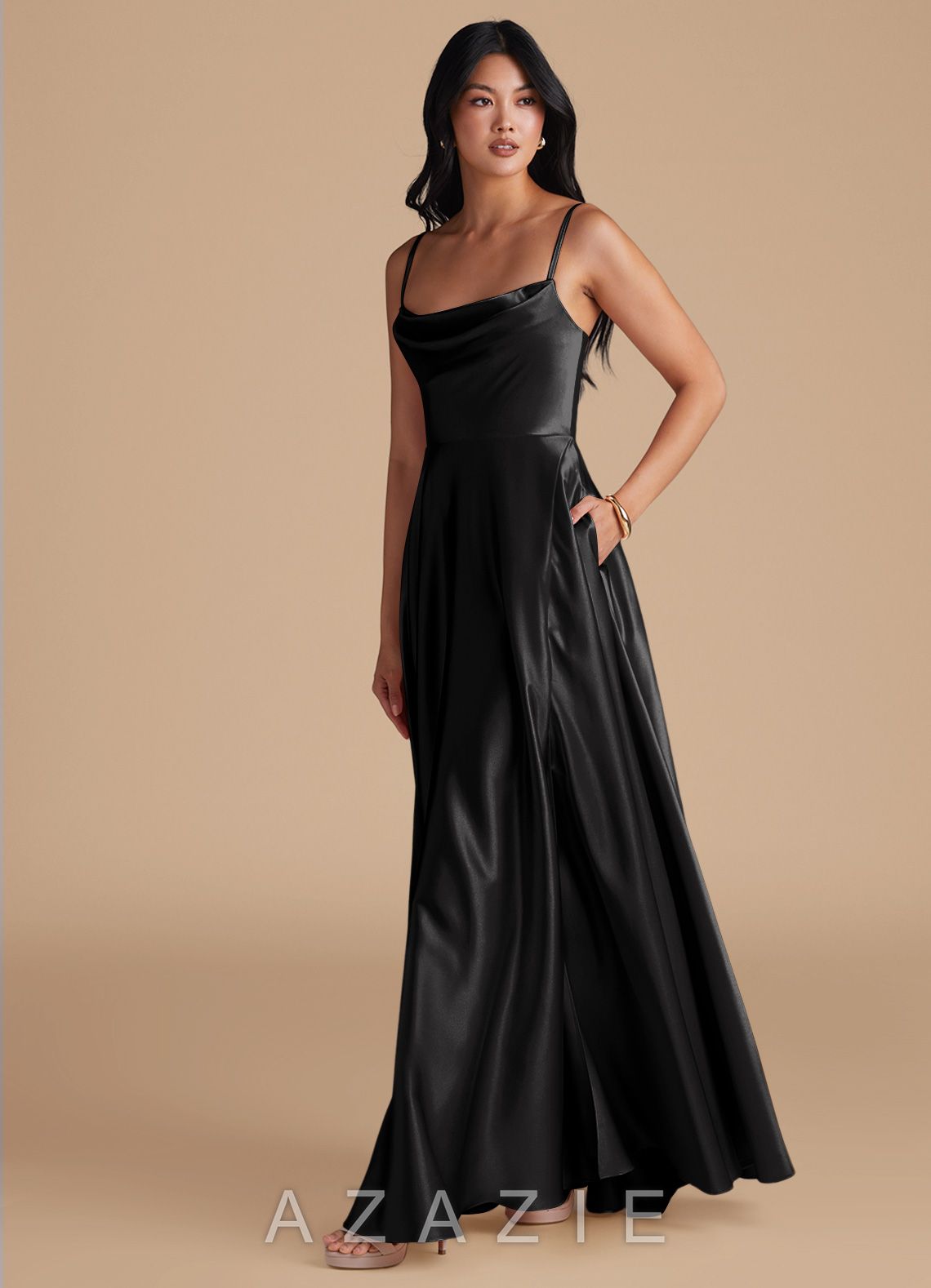 Azazie Elle Black A-Line with Pockets Metallic Satin Dress black