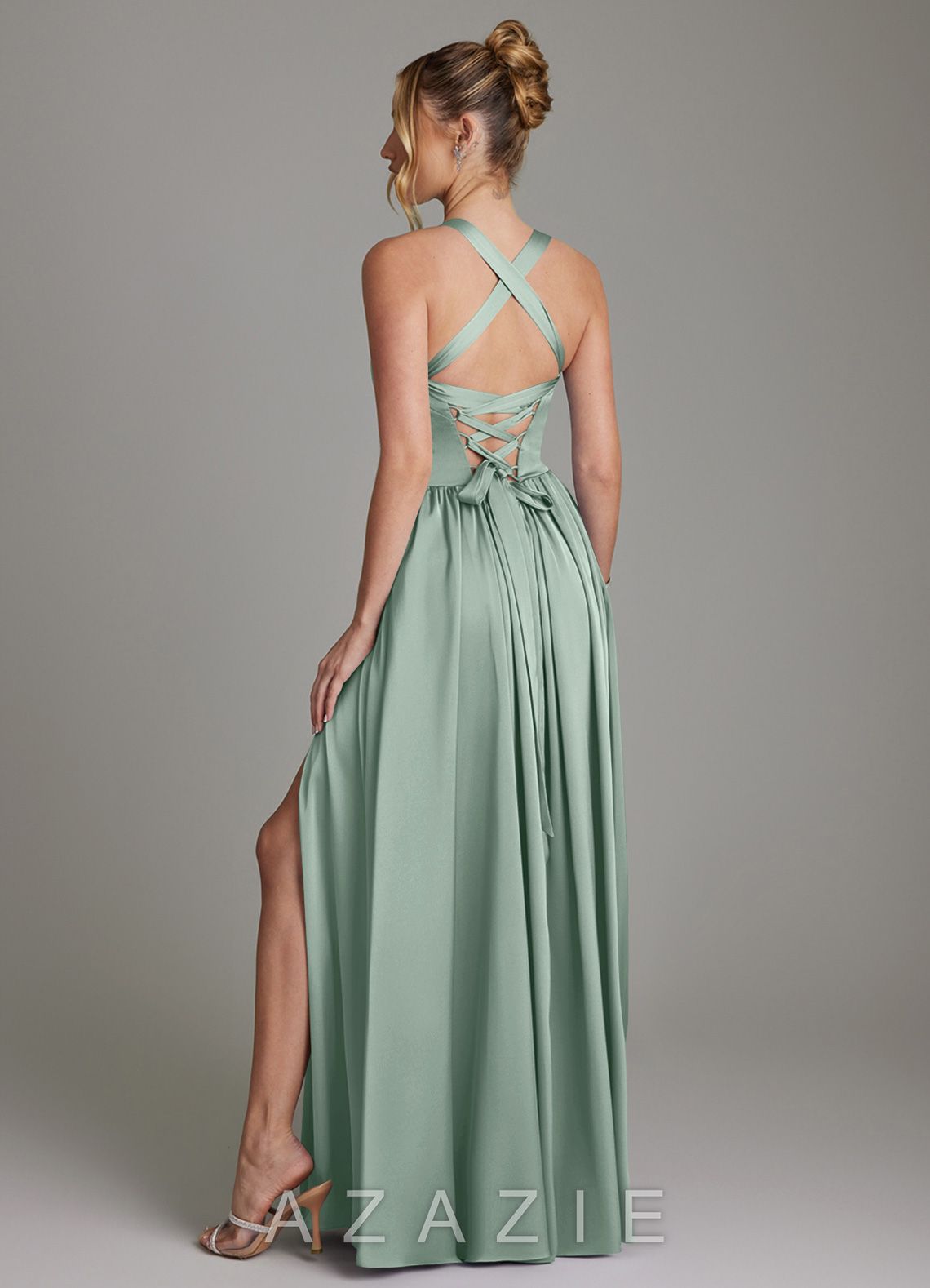 Azazie Francis Agave A-Line Corset Stretch Satin Dress agave
