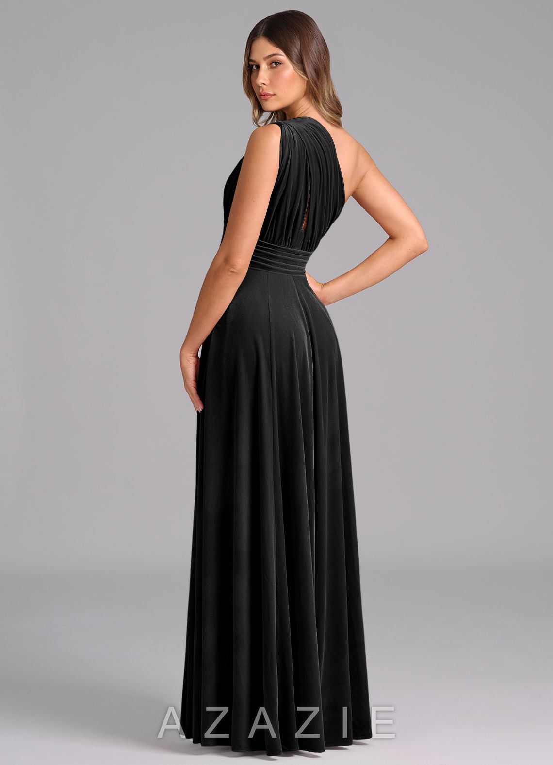 Azazie Charlize Black A-Line One Shoulder Velvet Dress black