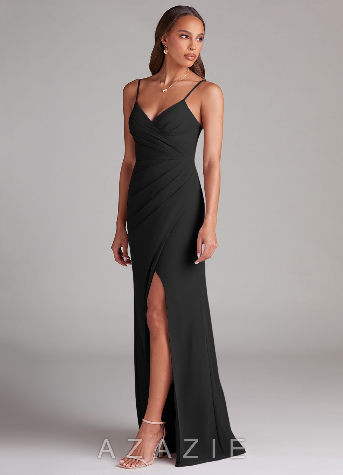 Azazie Maci Black Sheath Pleated Chiffon Dress black