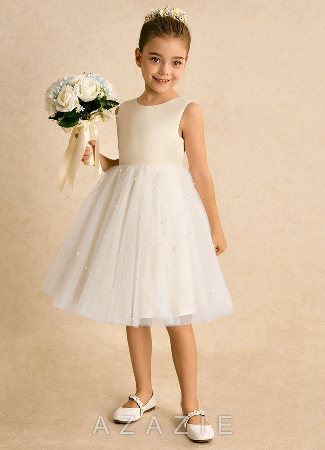 Azazie Esme Champagne Ball-Gown Bow Tulle Dress champagne