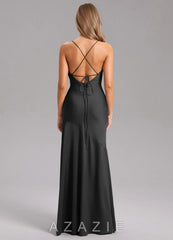 Azazie Grata Black Mermaid Side Slit Stretch Satin Dress black