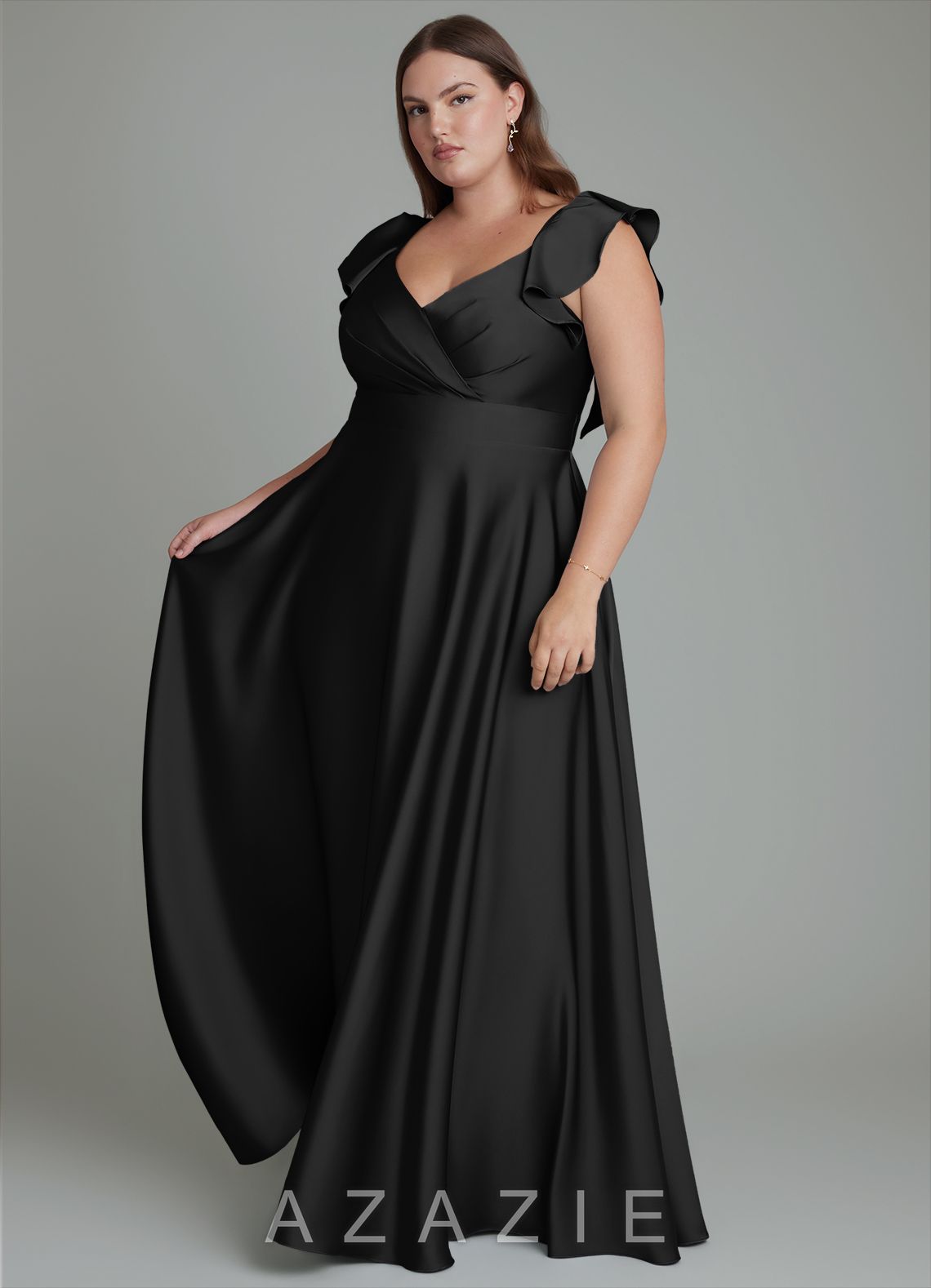 Azazie Leilani Black A-Line Ruched Stretch Satin Dress black