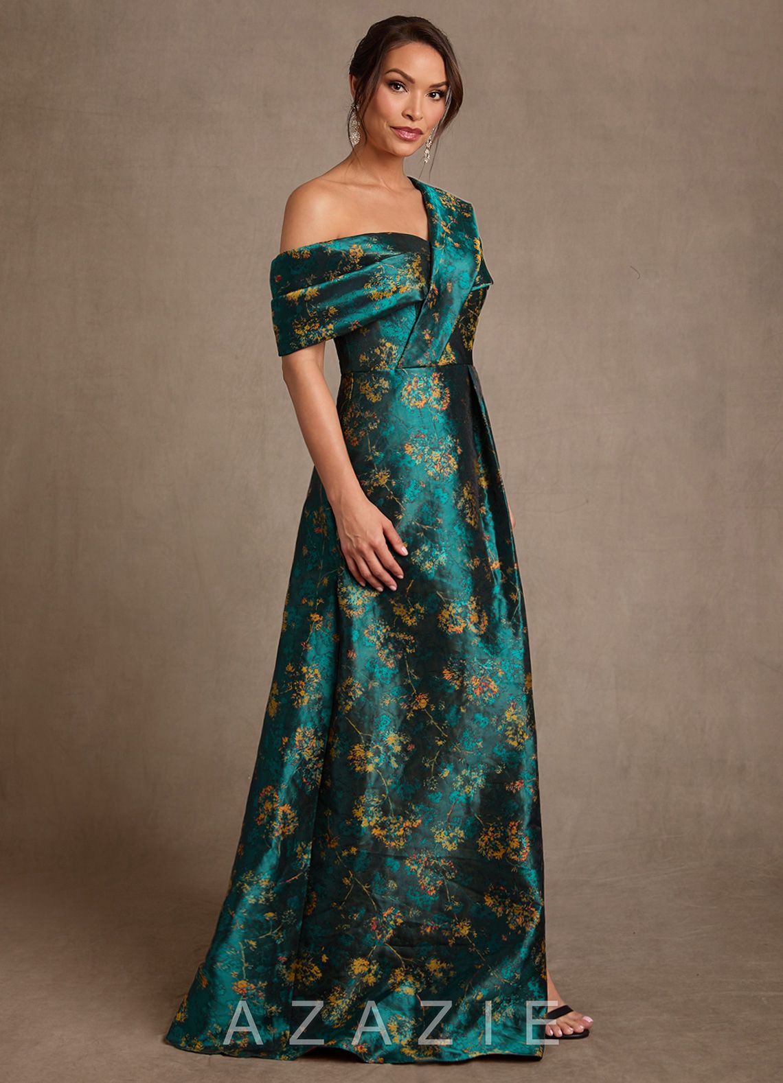 Azazie Nonie Deep Green A-Line Off the Shoulder Floral Jacquard Dress deep_green