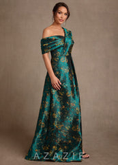 Azazie Nonie Deep Green A-Line Off the Shoulder Floral Jacquard Dress deep_green