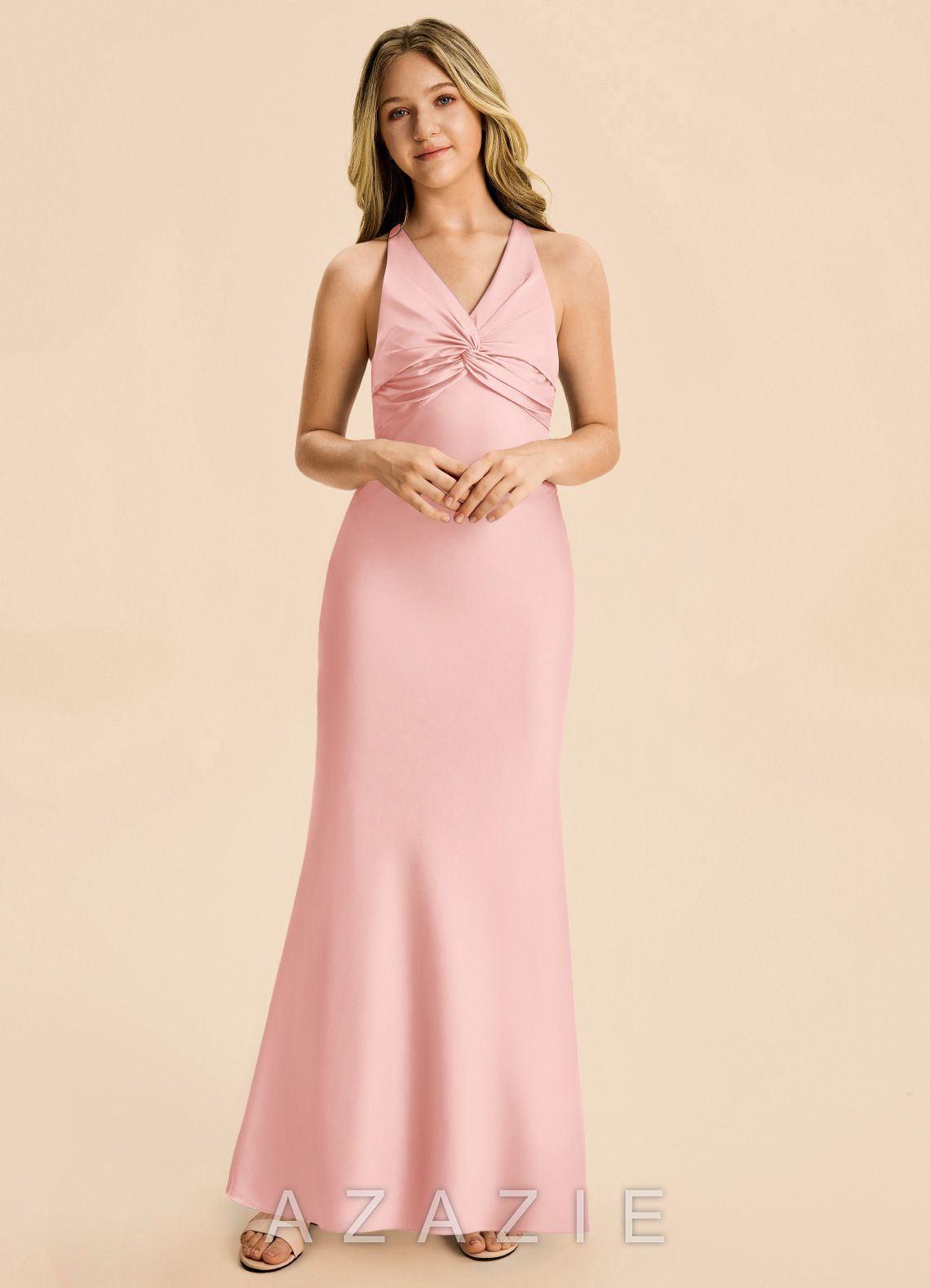 Azazie Hati Junior Powder Pink Mermaid Stretch Satin Dress powder_pink