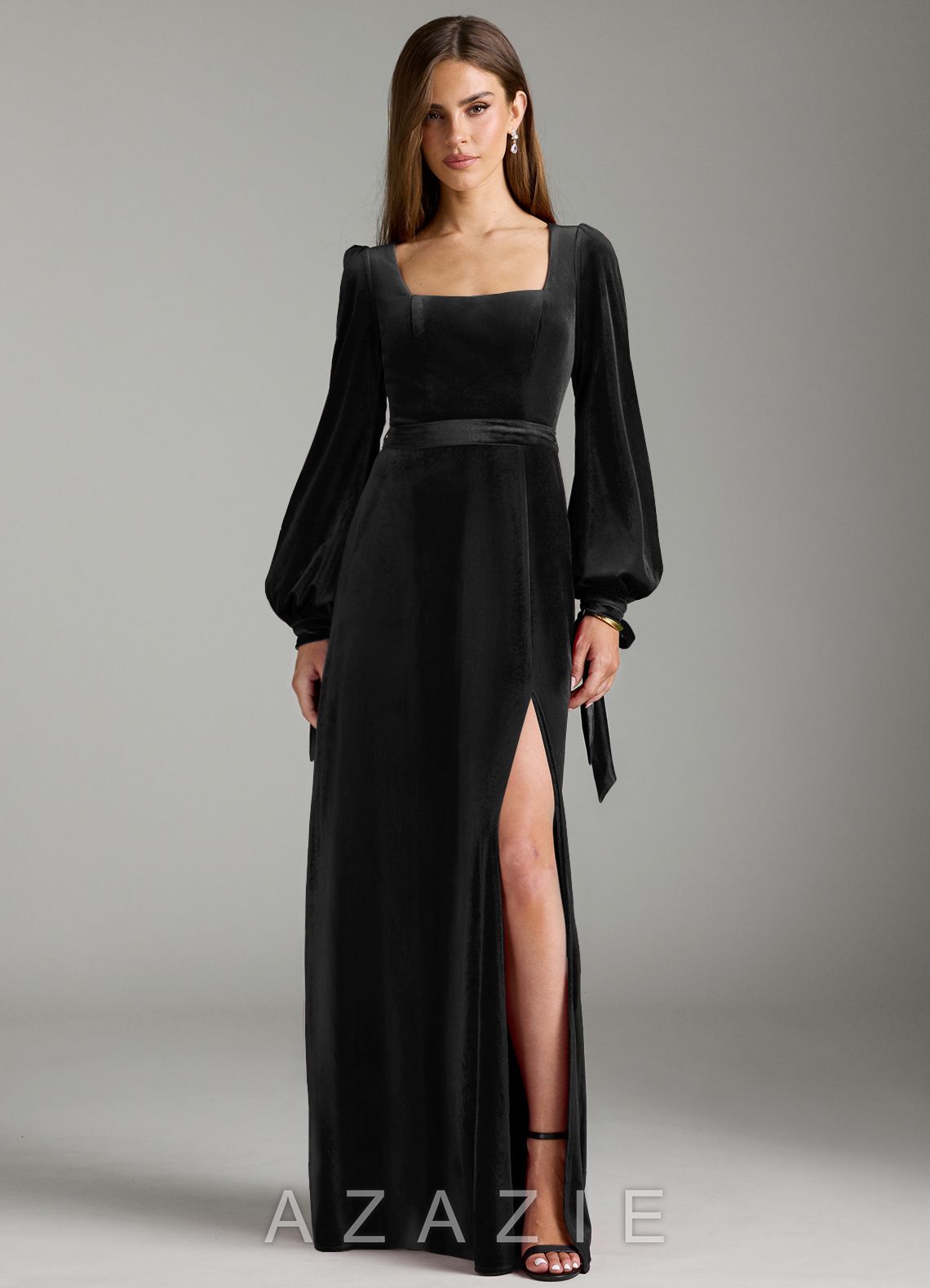 Azazie Leonia Black A-Line Long Sleeve Velvet Dress