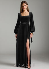 Azazie Leonia Black A-Line Long Sleeve Velvet Dress