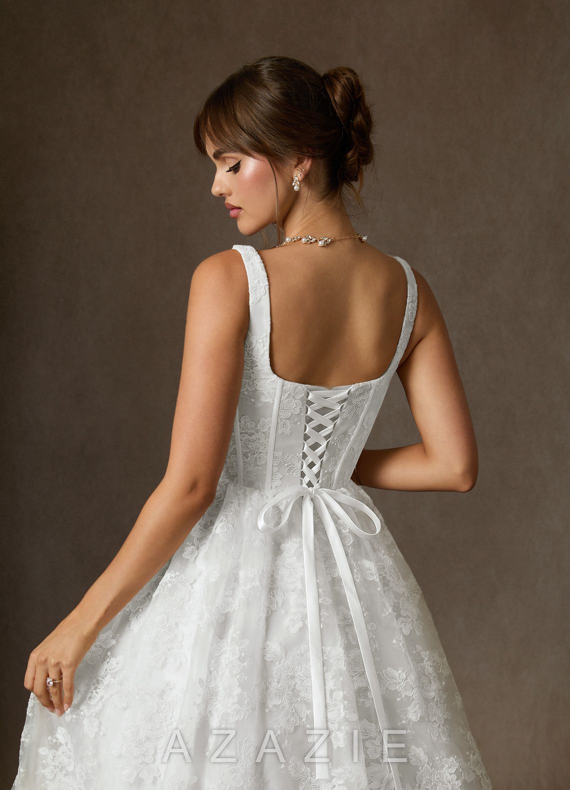 Azazie Geneva Diamond White Ball-Gown Square Neckline Lace Dress diamond_white