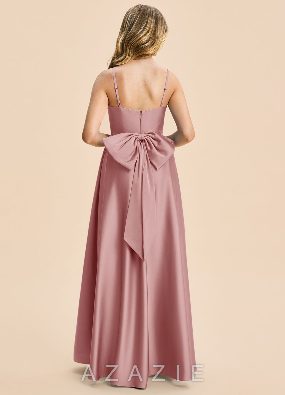 Azazie Kai Junior Dusty Rose A-Line Pleated Stretch Satin Dress dusty_rose