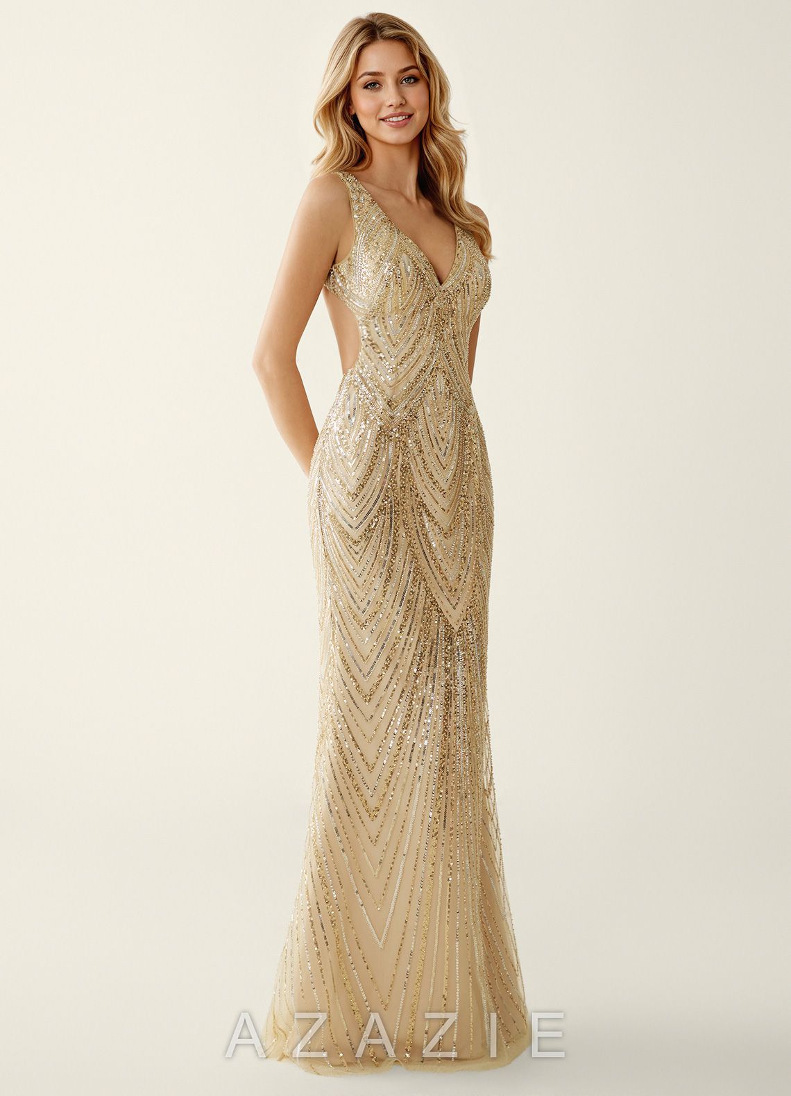 Hazelen Champagne V-Neck Sequined Lace Tulle Prom Dress