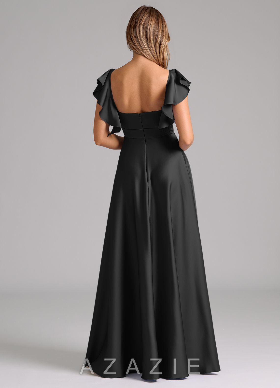 Azazie Leilani Black A-Line Ruched Stretch Satin Dress black