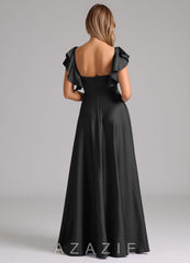 Azazie Leilani Black A-Line Ruched Stretch Satin Dress black