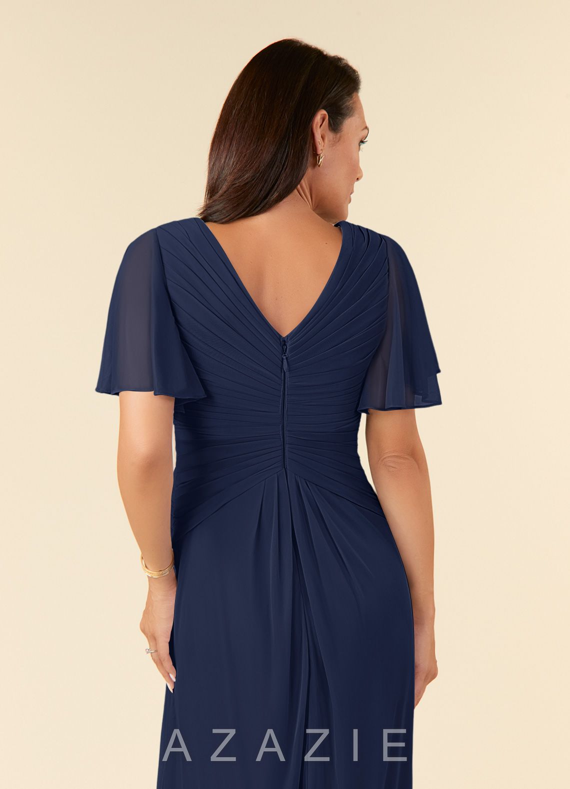 Azazie Emmeline Dark Navy A-Line V-Neck Pleated Mesh Dress dark_navy