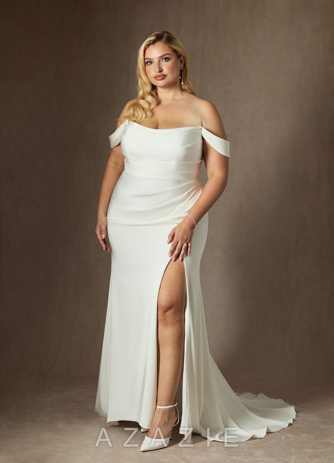 Azazie Moonlight Wedding Dress Diamond White Mermaid Scoop Pleated Crepe Back Satin Dress diamond_white