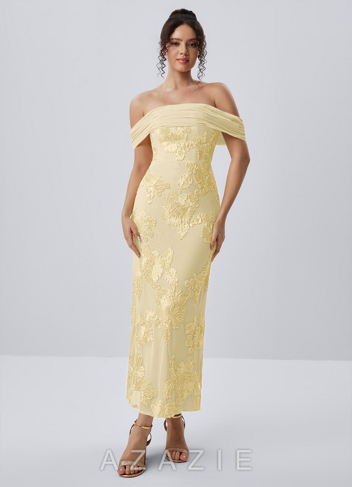Berenice Lemon Sorbet 3D Floral Lace Off Shoulder Maxi Dress