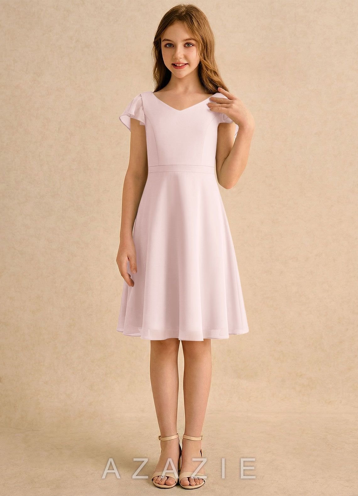 Azazie Narin Girls Formal Blushing Pink A-Line with Sleeves Chiffon Dress blushing_pink