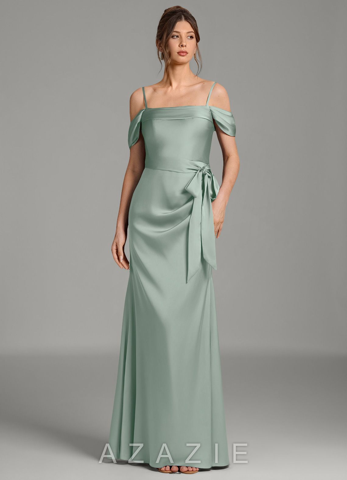 Azazie Wyatt Agave Mermaid Off the Shoulder Stretch Satin Dress