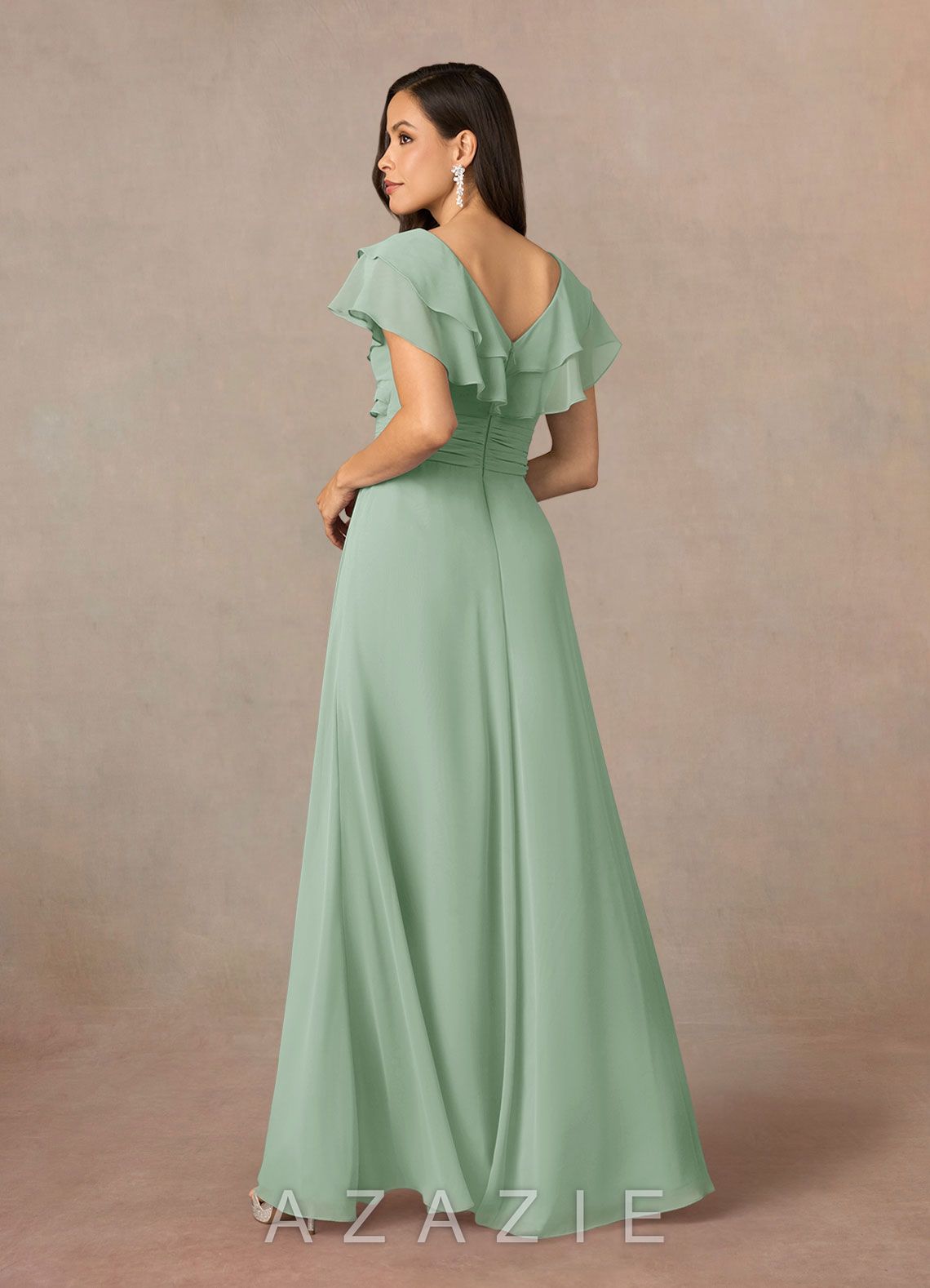 Azazie Snapdragon Agave A-Line V-Neck Ruched Chiffon Dress agave