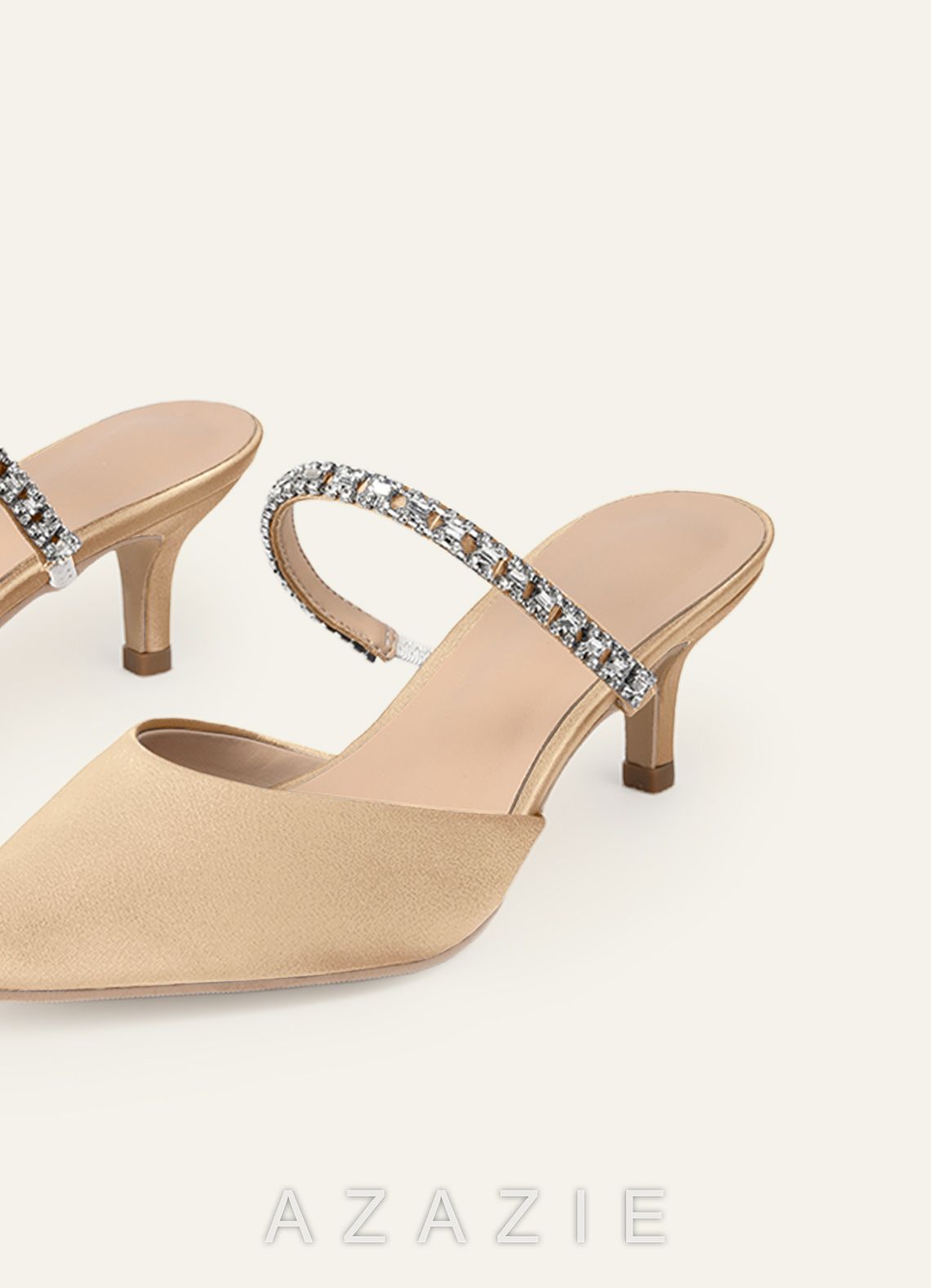 Matching Color Stretch Satin Rhinestone Slip-on Kitten Heels  champagne