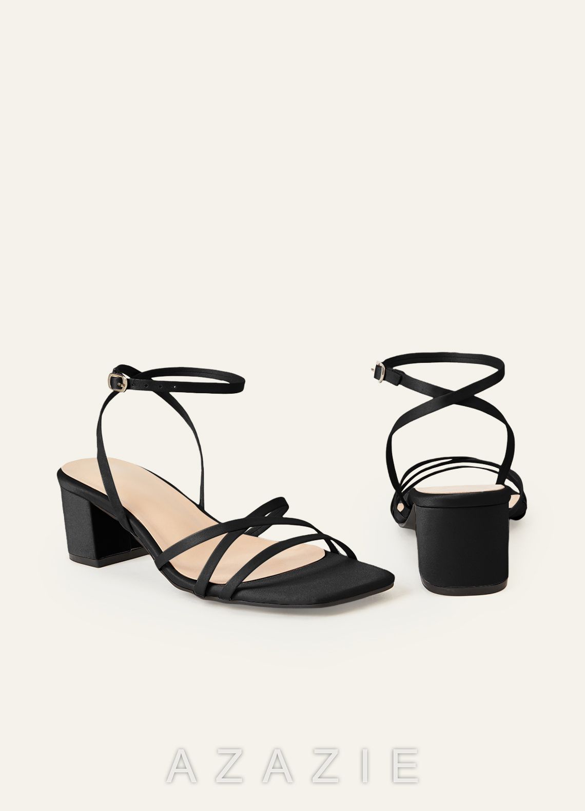 Matching Color Matte Satin Cross Strips Block Heel Sandals  black