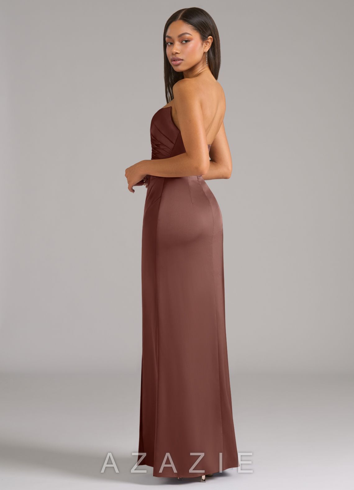 Azazie Marla Espresso Sheath Strapless Stretch Satin Convertible Dress espresso