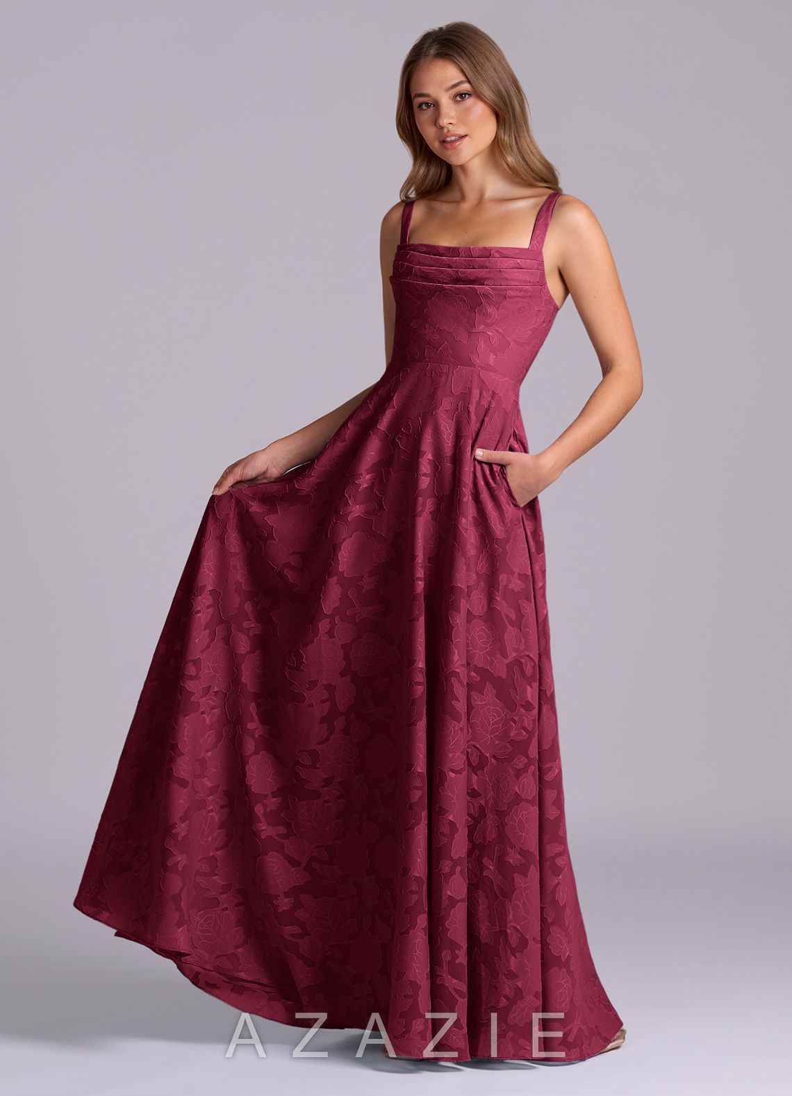 Azazie Shaude Burgundy A-Line Pleated Floral Burnout Dress burgundy