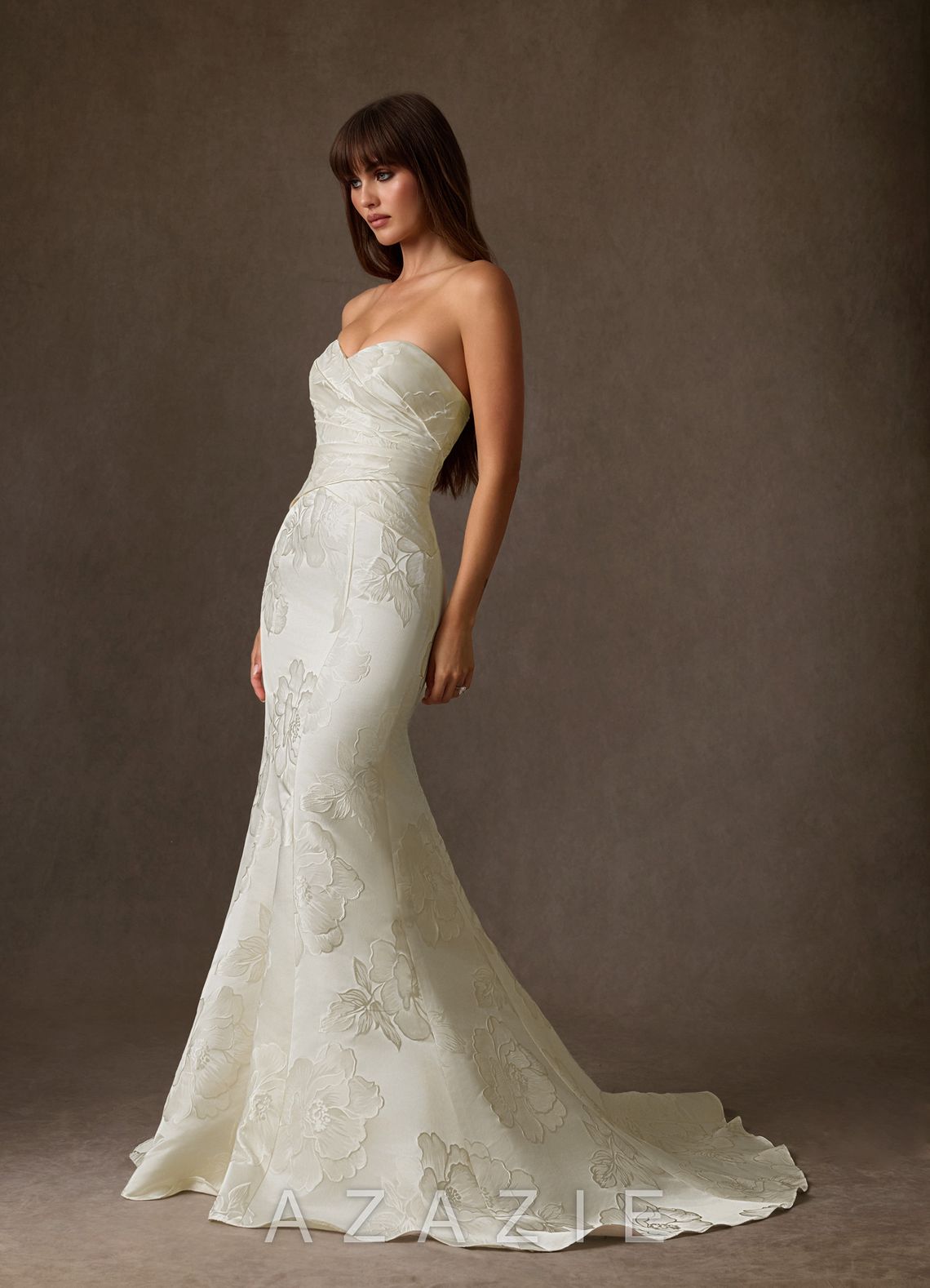 Azazie Nita Cream Mermaid Strapless Floral Jacquard Dress cream