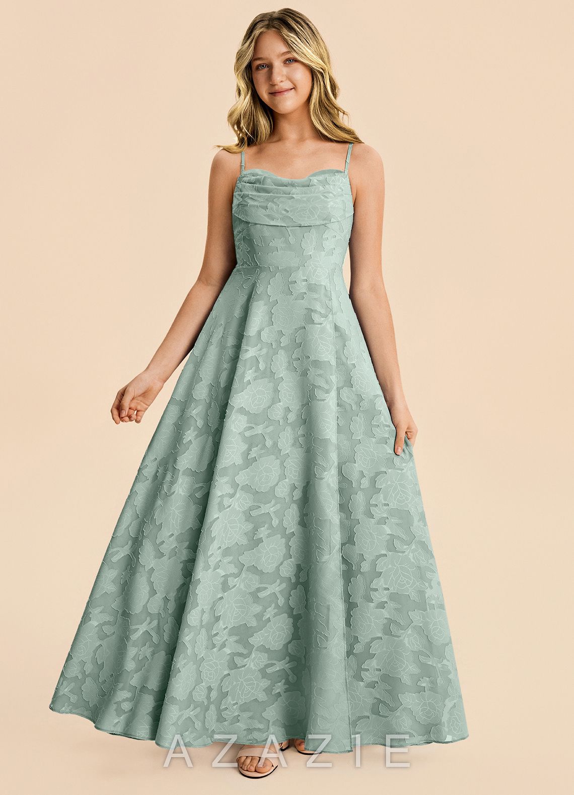 Azazie Bear Junior Agave A-Line Pleated Floral Burnout Dress agave