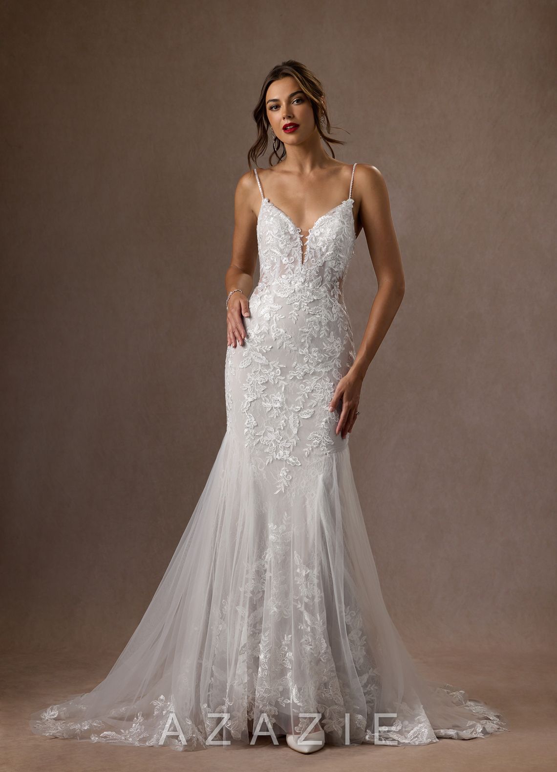 Azazie Leonie Wedding Dress Diamond White Mermaid V-Neck Sequins Tulle Dress diamond_white