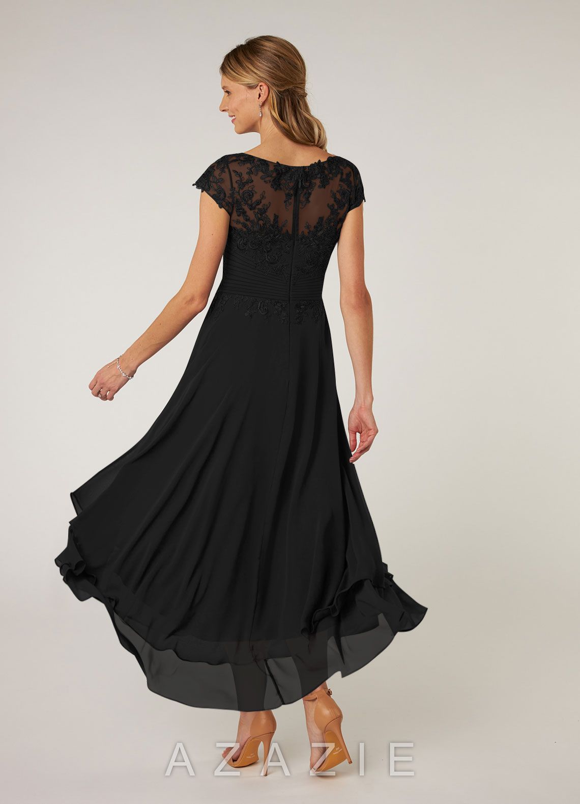 Azazie Shonda Black Lace Chiffon Dress black