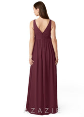 Azazie Yetta A-Line V-Neck Gathered Chiffon Floor-Length Dress