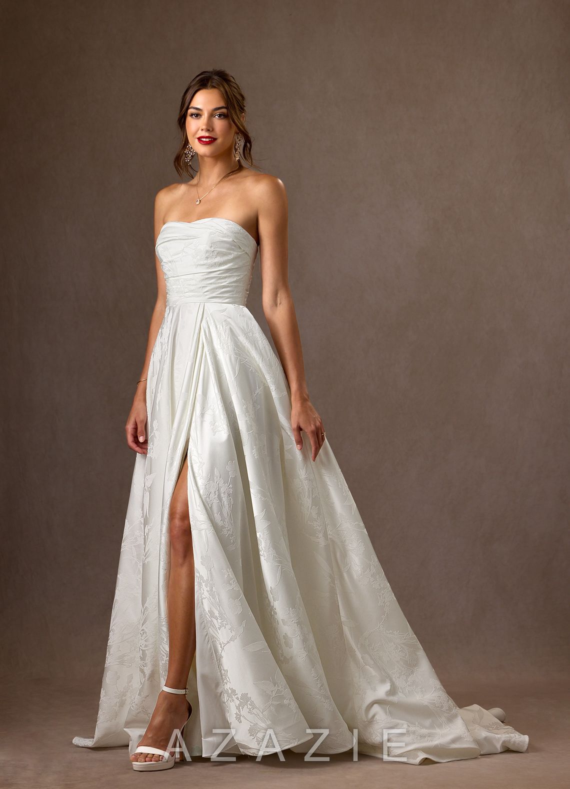 Azazie Daliah Diamond White A-Line Strapless Floral Jacquard Dress