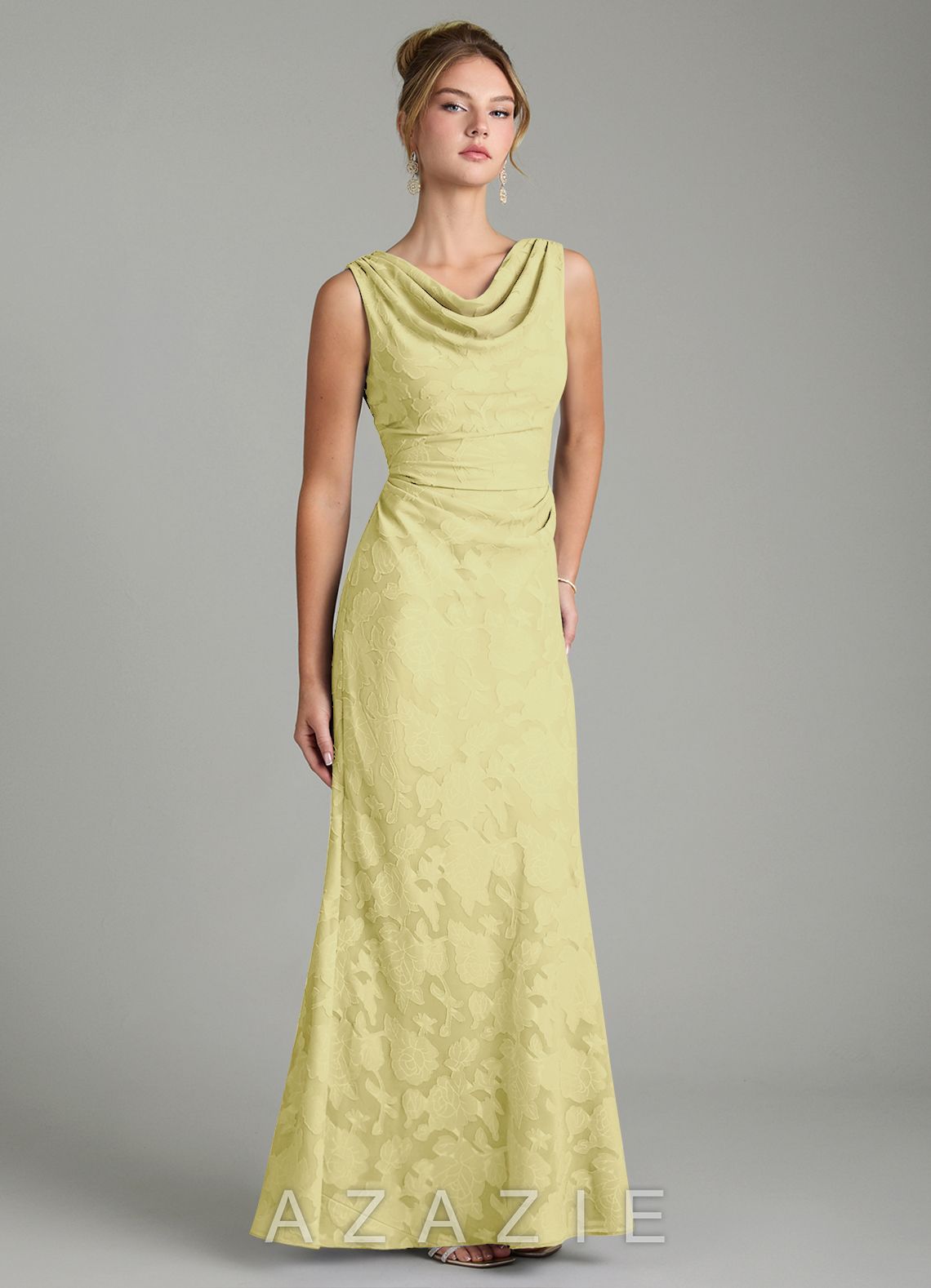 Azazie Kieryn Lemon Sorbet Mermaid Pleated Floral Burnout Dress lemon_sorbet