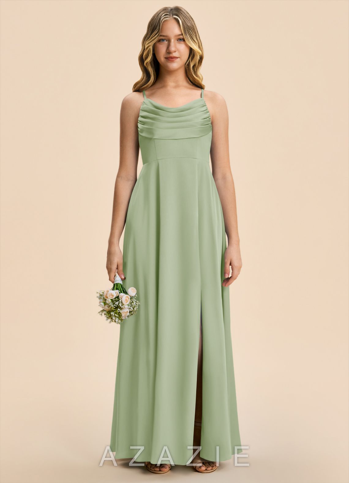 Azazie Gia Junior Dusty Sage A-Line Pleated Stretch Satin Dress dusty_sage