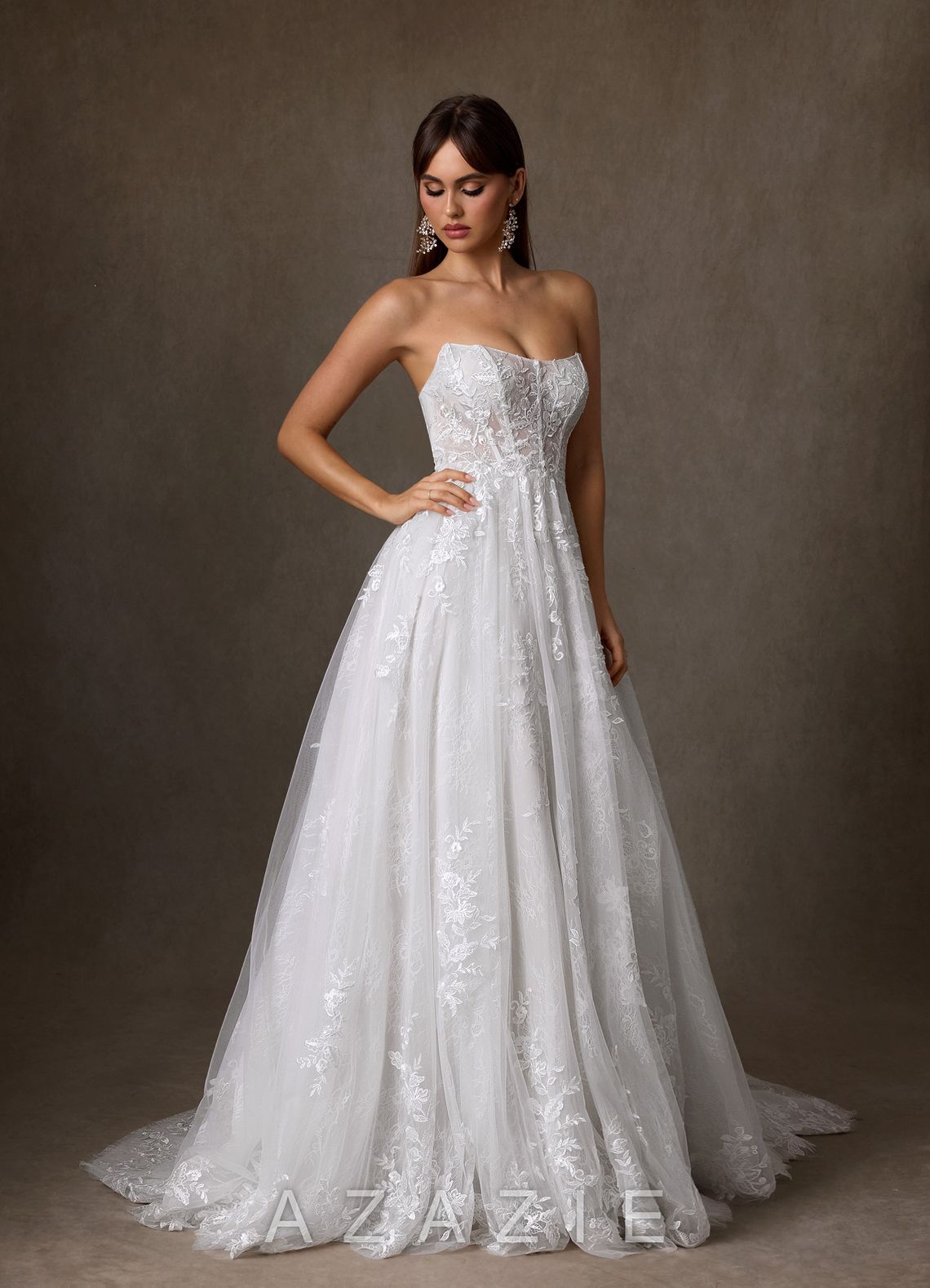 Azazie Elowyn Diamond White Ball-Gown Strapless Lace Dress diamond_white