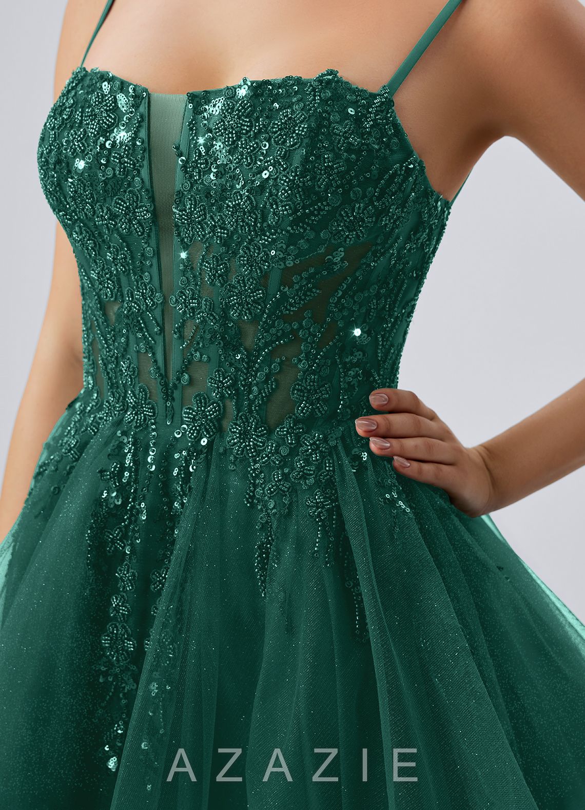 Odette Dark Green Spaghetti Strap Sequin Tulle Lace-Up Skater Mini Dress