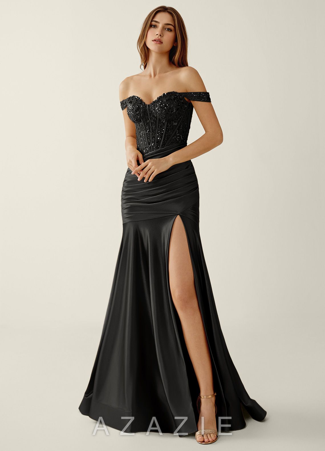 Gueritemar Black Lace Sequin Embroidery Stretch Satin Prom Dress