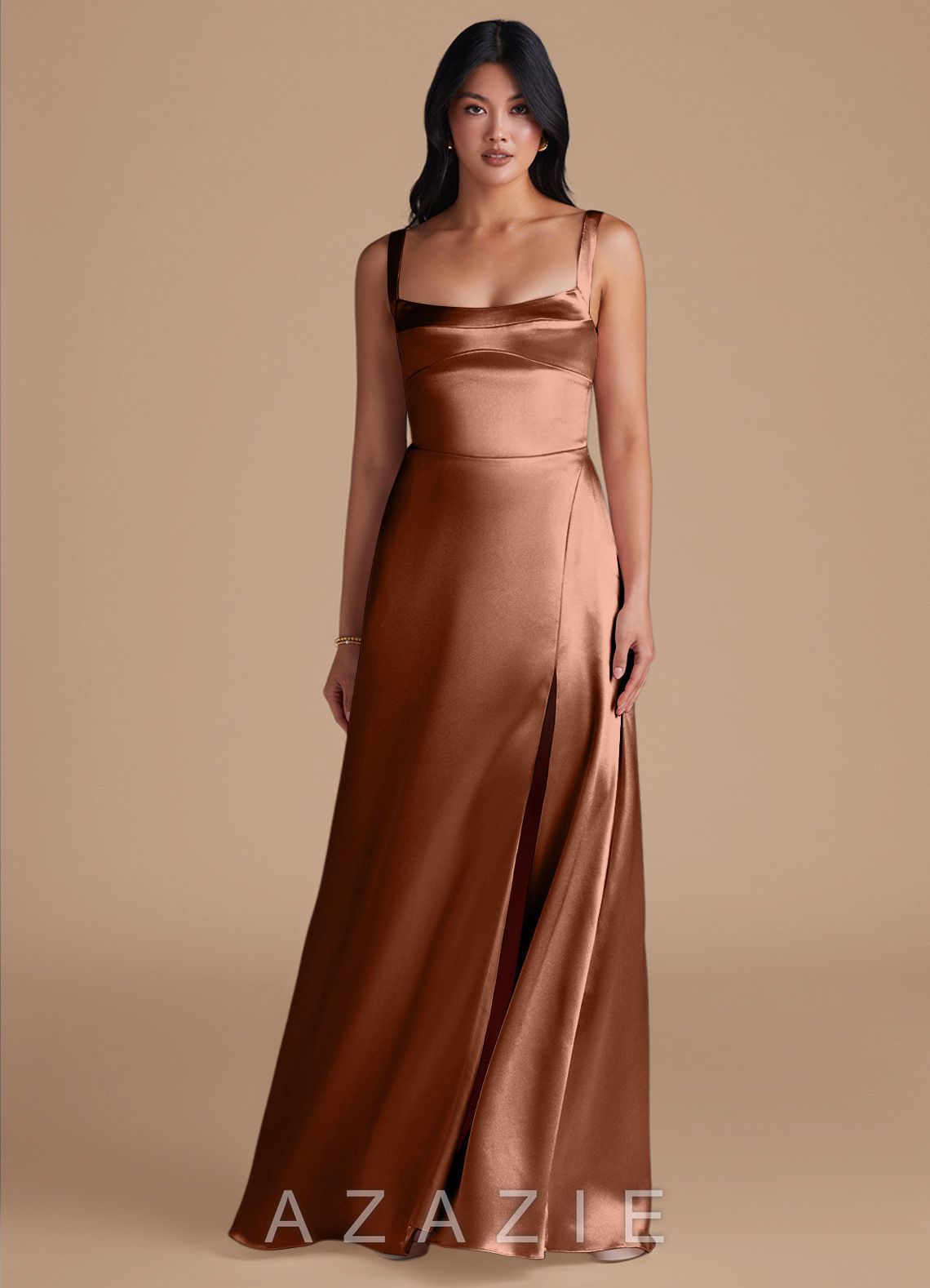 Azazie Hope Bronzer A-Line with Pockets Metallic Satin Dress bronzer
