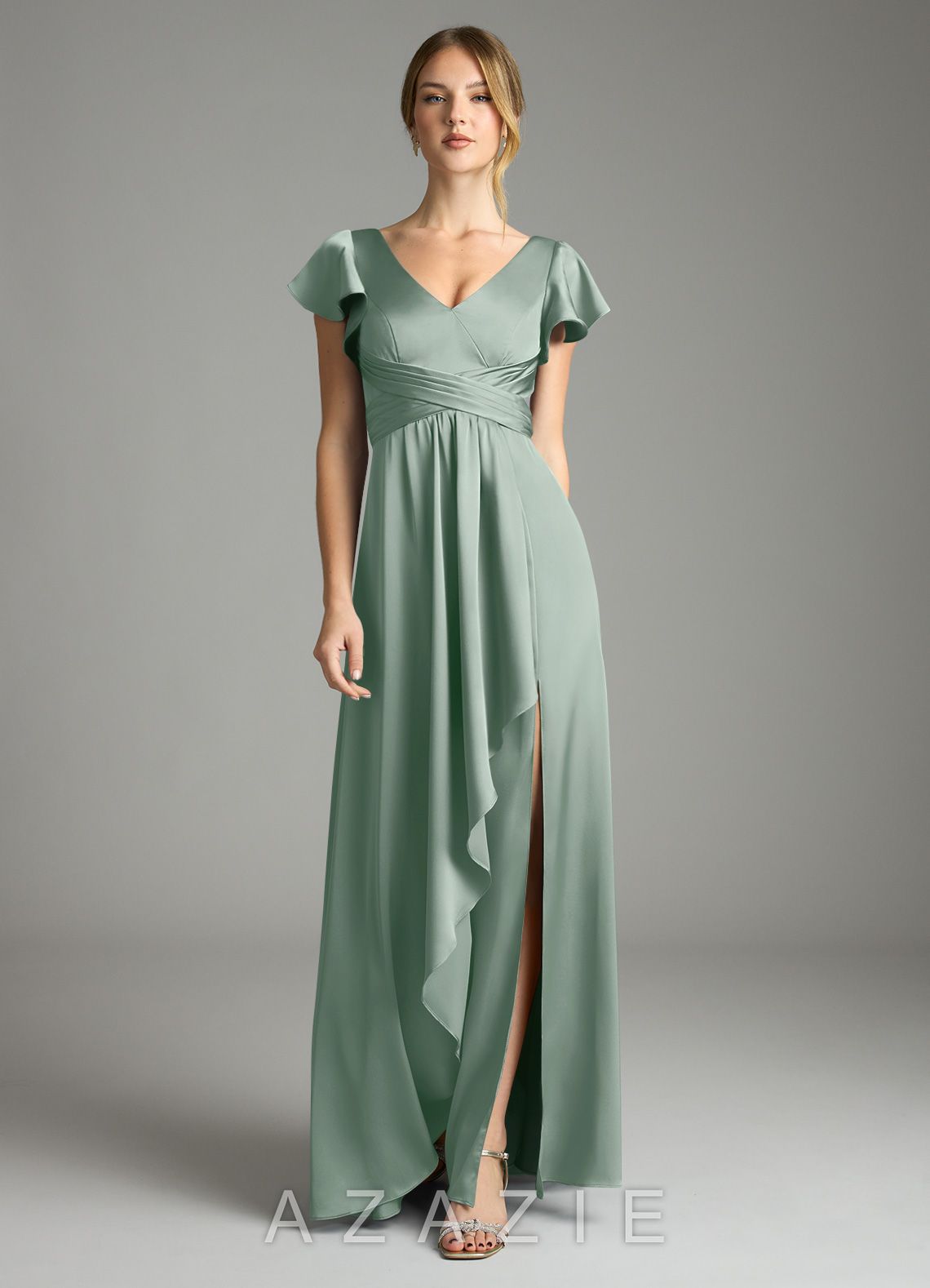 Azazie Omari Agave A-Line Stretch Satin Dress agave