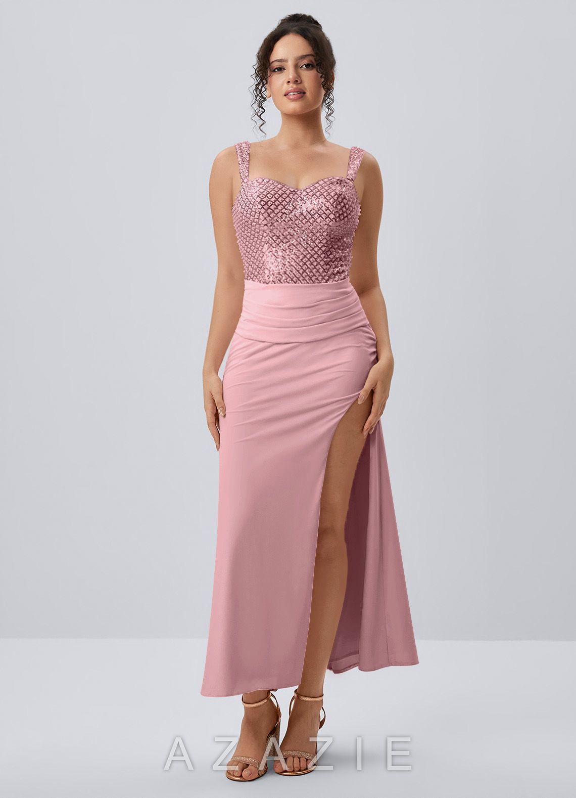 Ainrose Dusty Pink Beading Sequin Embroidery Midi Dress