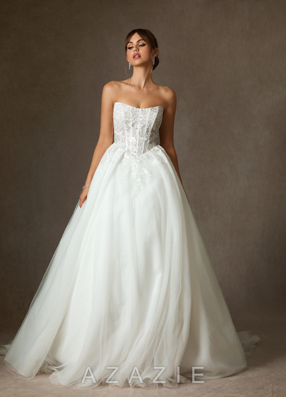 Azazie Ainsley Diamond White Ball-Gown Strapless Lace Dress