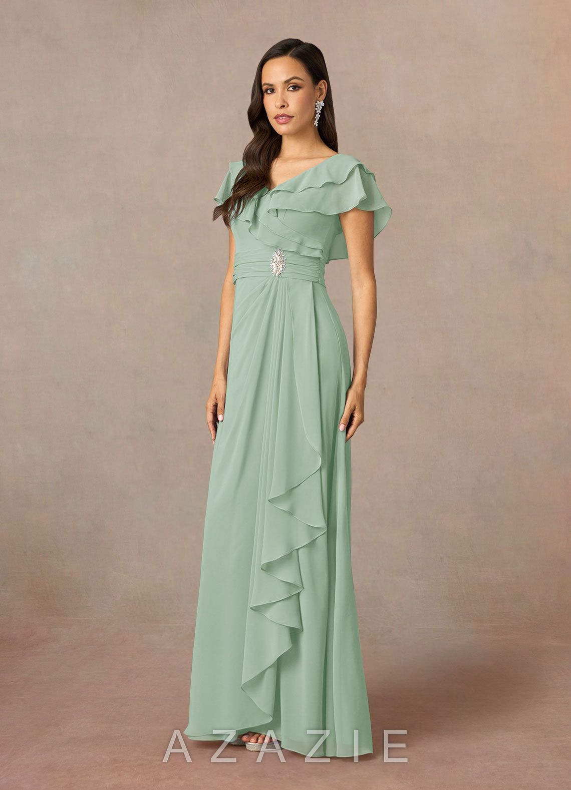 Azazie Snapdragon Agave A-Line V-Neck Ruched Chiffon Dress agave