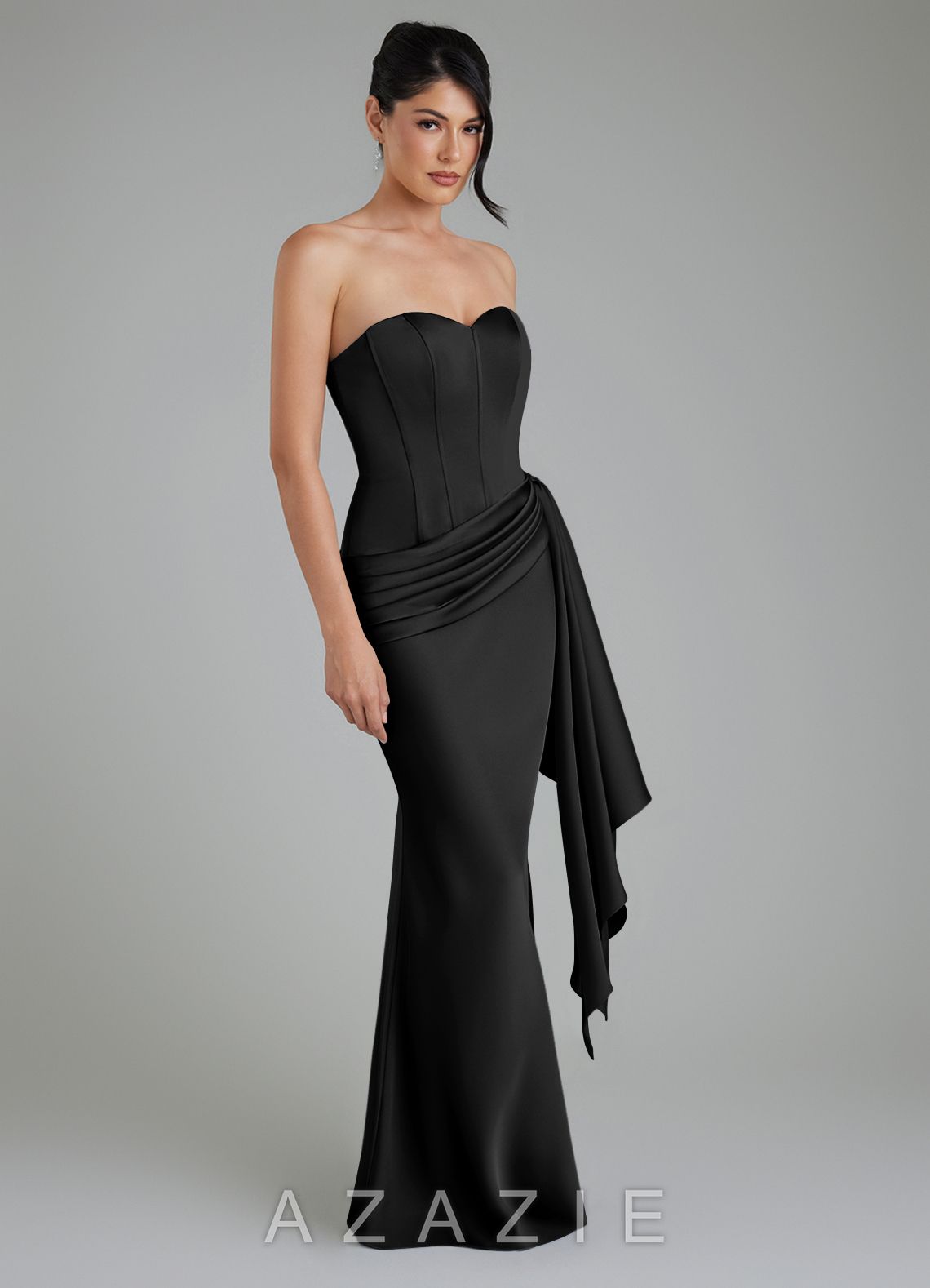 Azazie Draya Black Mermaid Strapless Stretch Satin Dress black