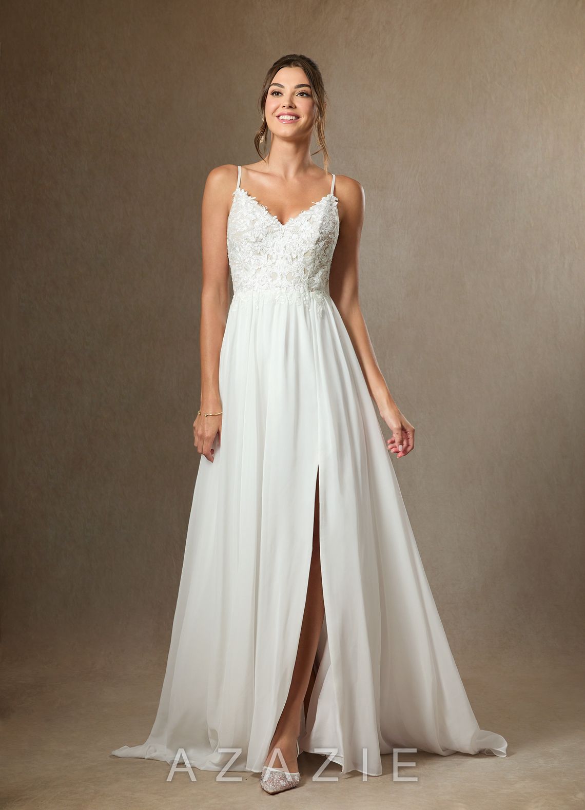 Azazie Gala Wedding Dress Diamond White A-Line Lace Chiffon Dress diamond_white