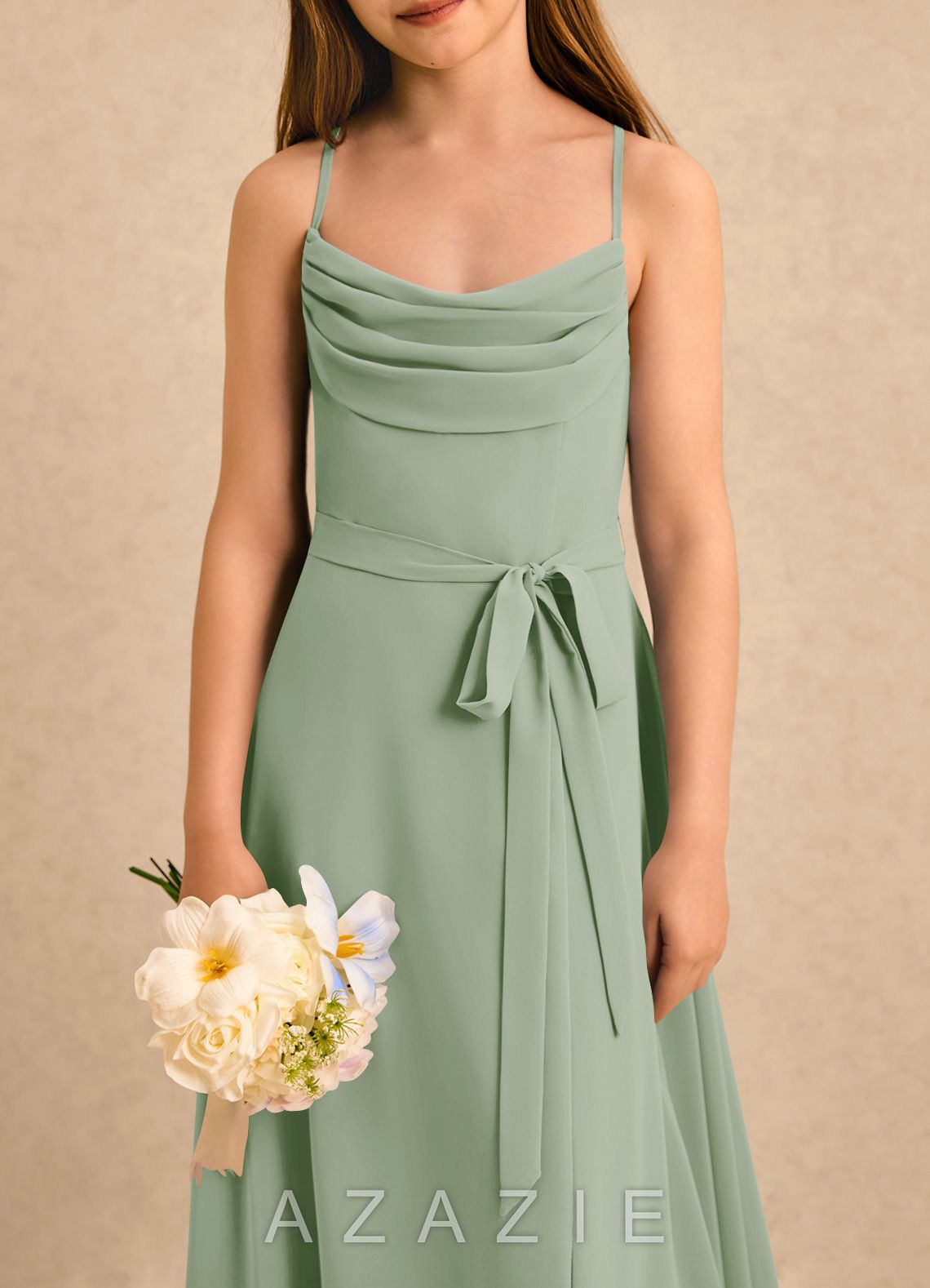 Azazie Jasslyn Girls Formal Dusty Sage A-Line Pleated Chiffon Dress dusty_sage