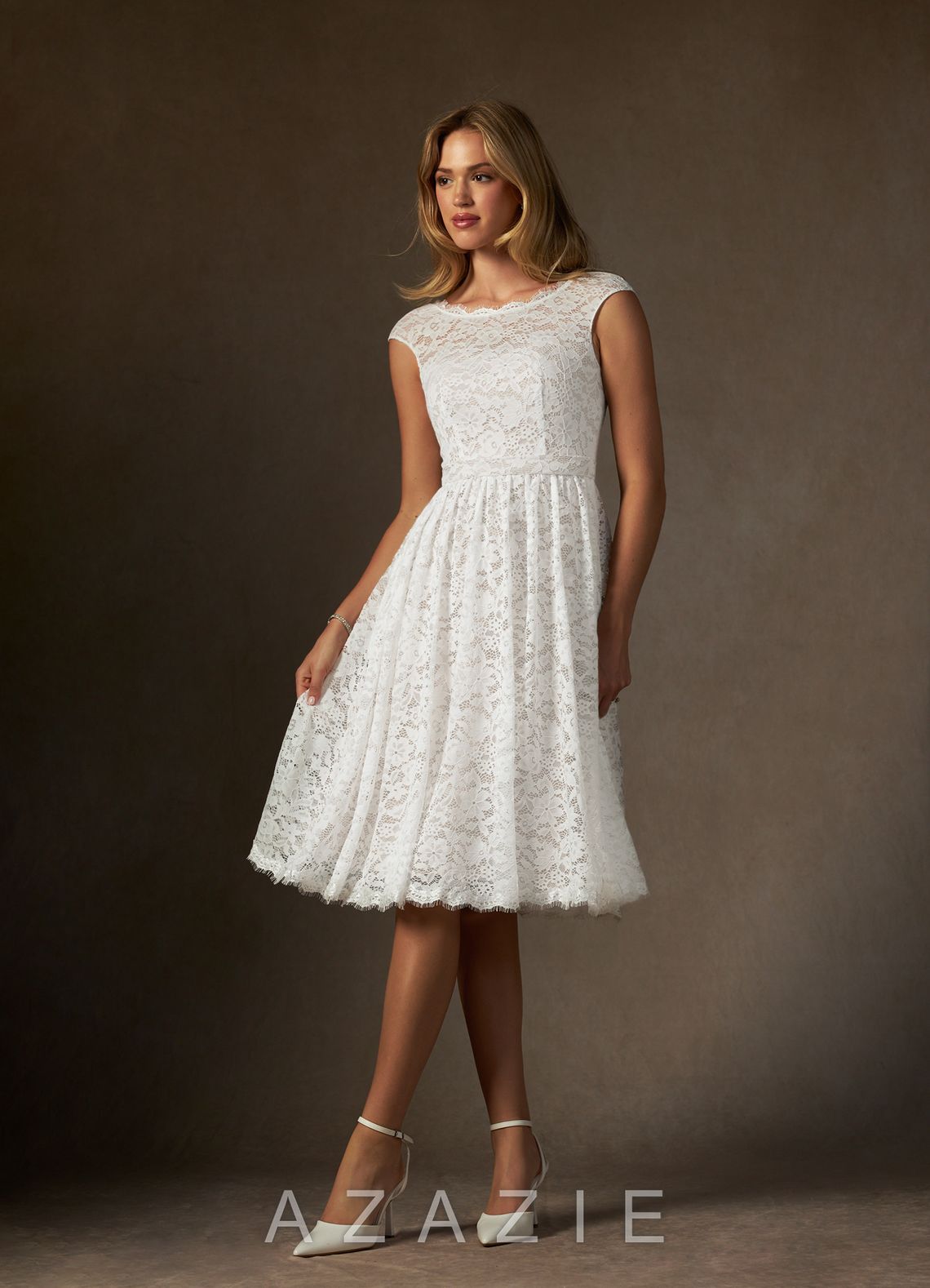 Azazie Ginnie Wedding Dress Diamond White A-Line Lace Dress