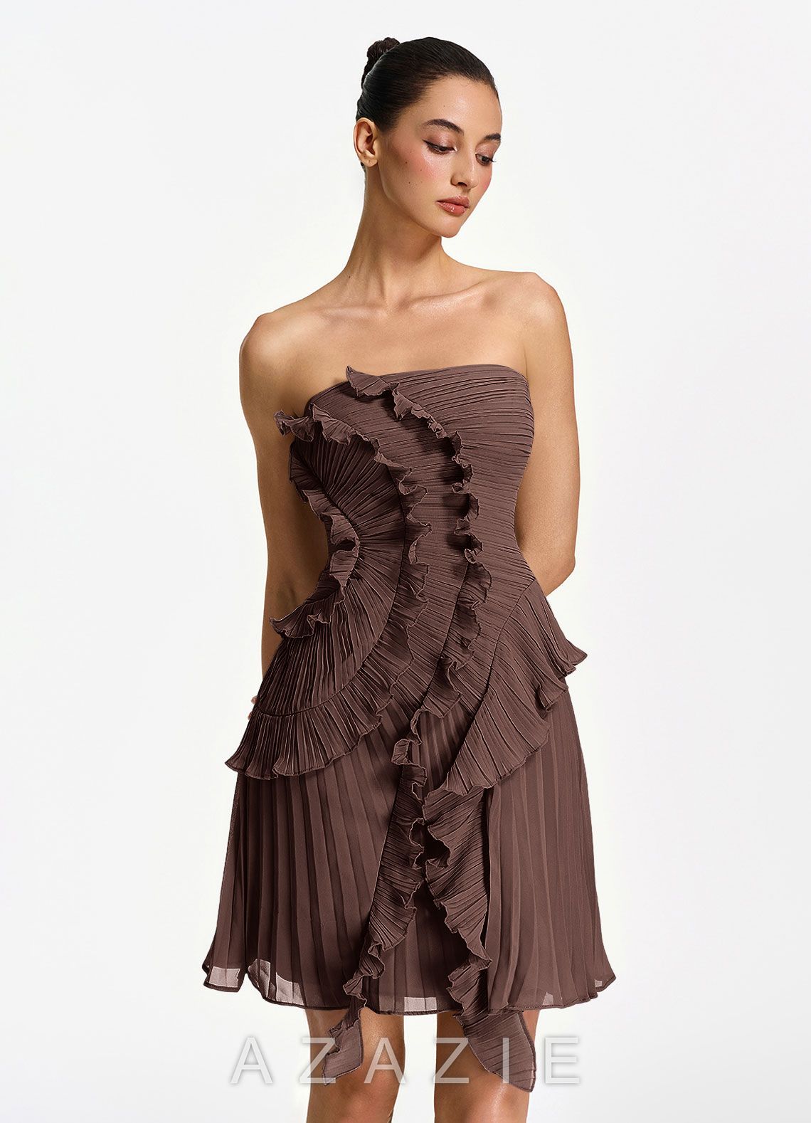 Ilona Ganache Strapless Pleated Ruffle Lace Up Mini Dress