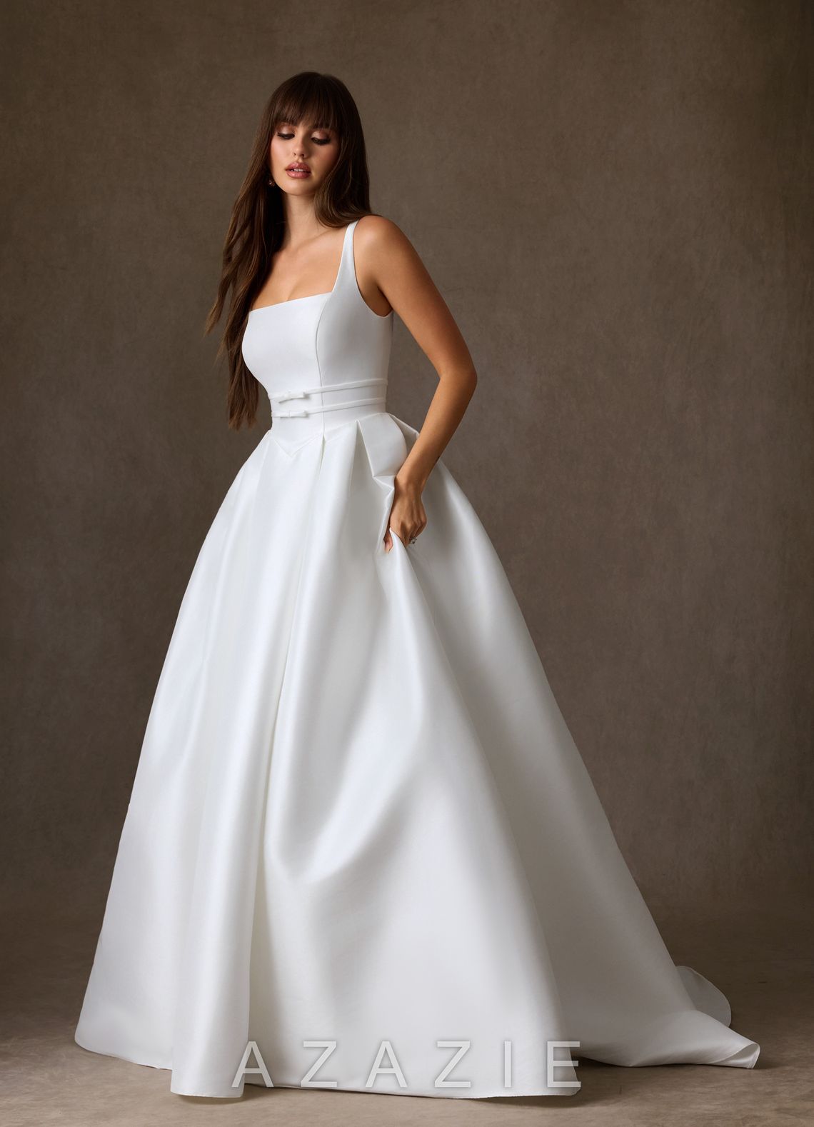 Azazie Cynthia Diamond White Ball-Gown with Pockets Stretch Mikado Dress