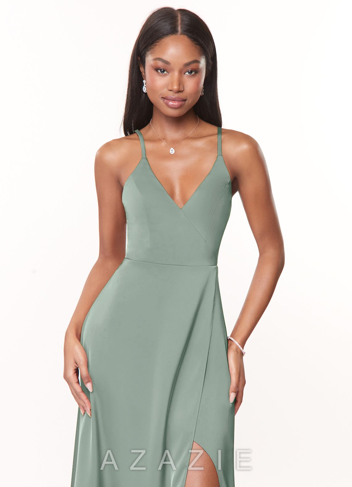 Azazie Maksim Agave A-Line V-Neck Stretch Satin Dress agave